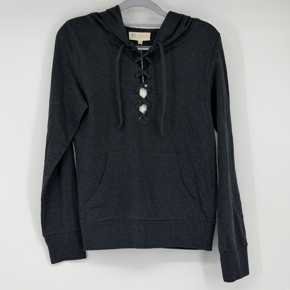 Synergy Organic Clothing Womens XS Charcoal Grey Lace Up Hoodie Sweatshirt NWT